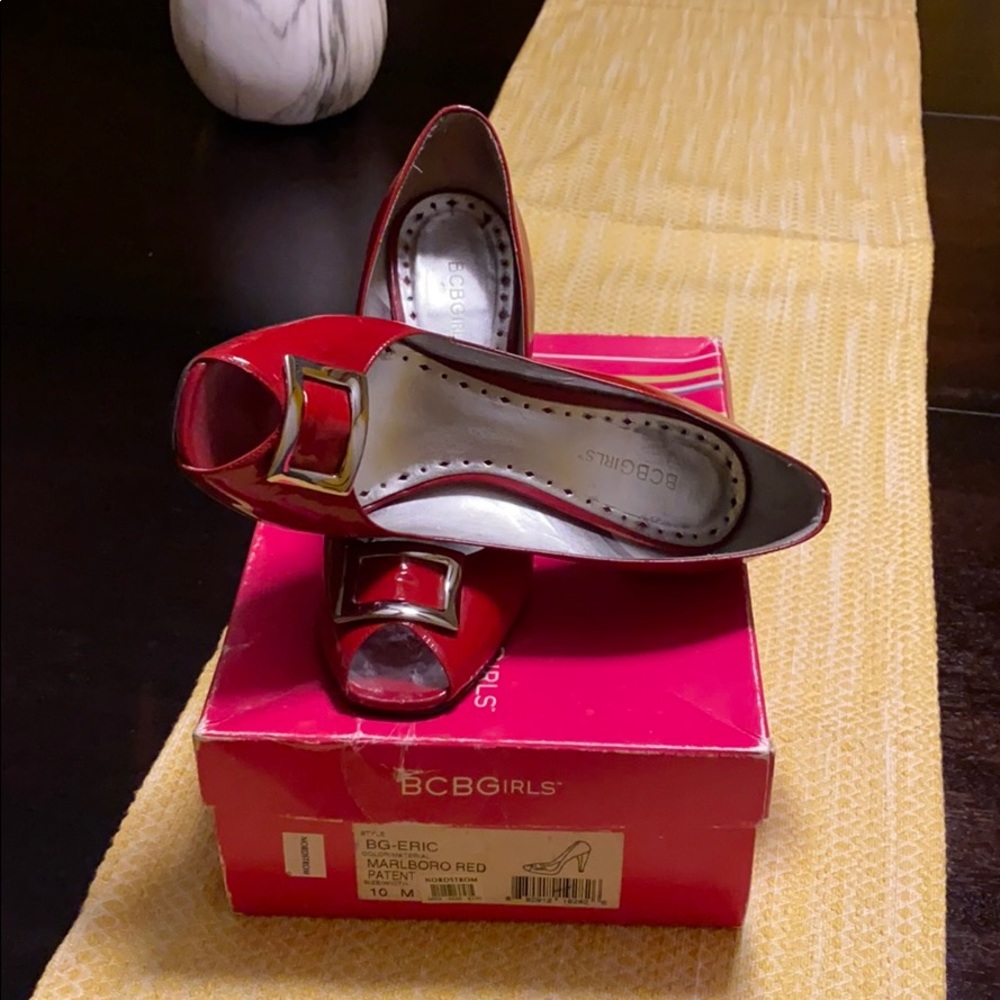 Red patent leather peep toe w/ pilgrim buckle